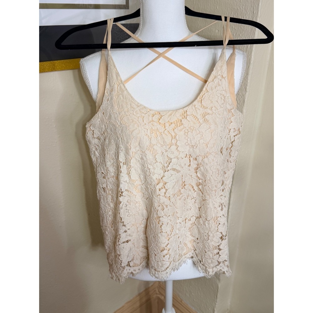 Chaser Floral Lace Camisole Top Cream Scalloped Hem Criss Cross Back Small